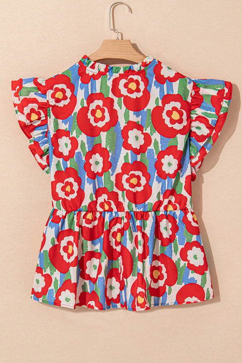 Red Plus Size Floral Print Ruffle Trim Split Neck Peplum Top