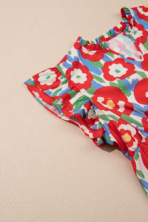 Red Plus Size Floral Print Ruffle Trim Split Neck Peplum Top