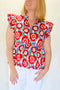 Red Plus Size Floral Print Ruffle Trim Split Neck Peplum Top