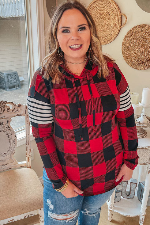Red Plus Size Plaid Striped Patch Sleeve Hoodie