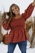 Red Plus Size Square Neck Printed Peplum Top