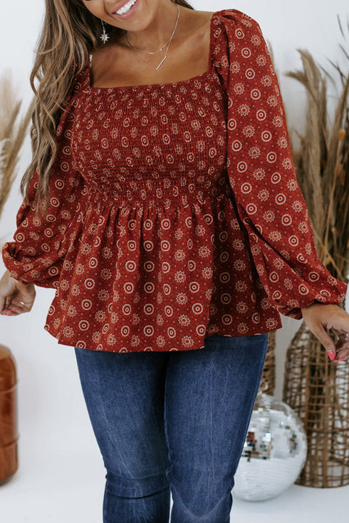 Red Plus Size Square Neck Printed Peplum Top