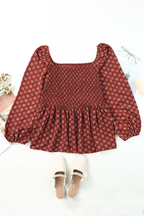 Red Plus Size Square Neck Printed Peplum Top
