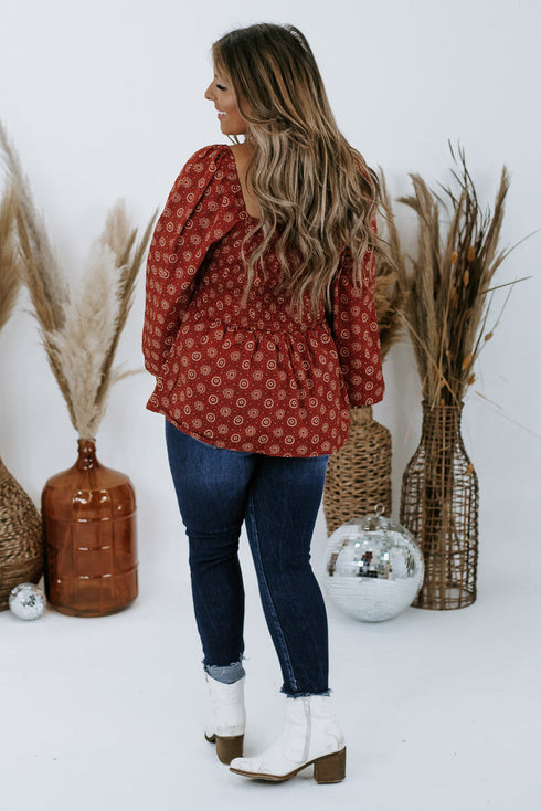 Red Plus Size Square Neck Printed Peplum Top