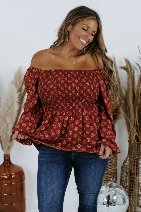 Red Plus Size Square Neck Printed Peplum Top