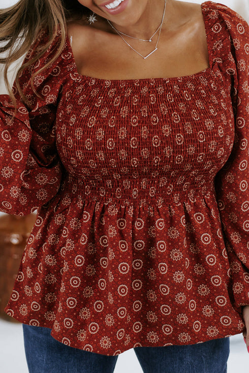 Red Plus Size Square Neck Printed Peplum Top