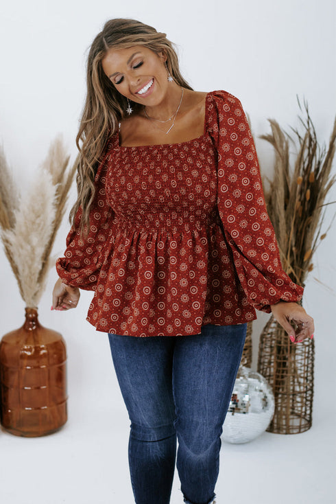 Red Plus Size Square Neck Printed Peplum Top