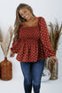 Red Plus Size Square Neck Printed Peplum Top