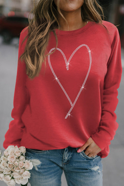 Red Rhinestone Heart Shaped Long Sleeve Sweatshirt