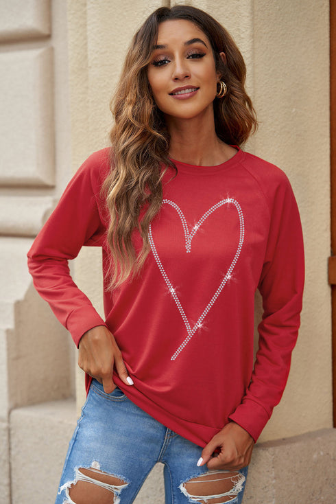 Red Rhinestone Heart Shaped Long Sleeve Sweatshirt