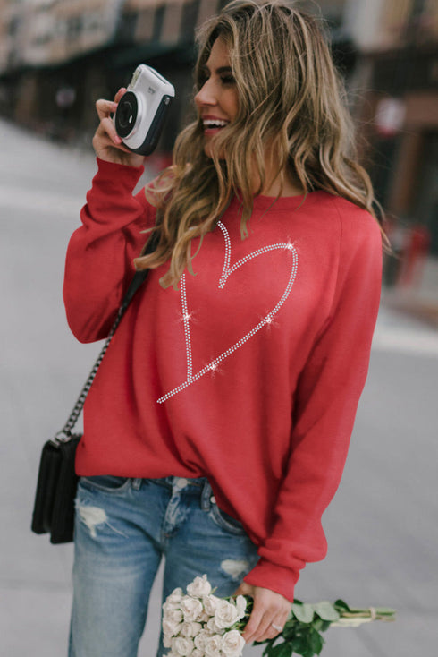 Red Rhinestone Heart Shaped Long Sleeve Sweatshirt
