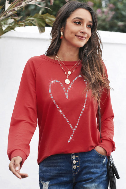Red Rhinestone Heart Shaped Long Sleeve Sweatshirt