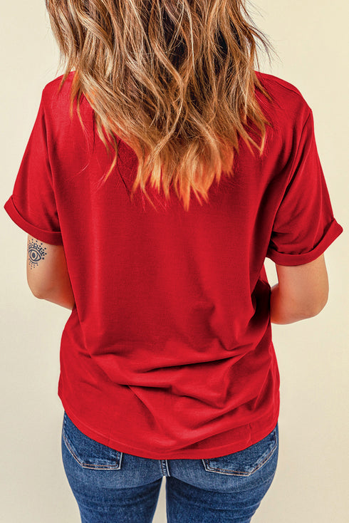 Red Rhinestone Mama Bow Knot Pattern Crew Neck Loose Tee