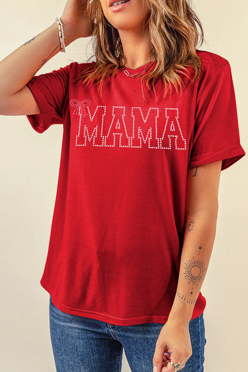 Red Rhinestone Mama Bow Knot Pattern Crew Neck Loose Tee