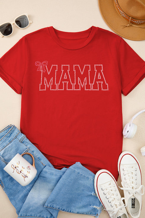 Red Rhinestone Mama Bow Knot Pattern Crew Neck Loose Tee