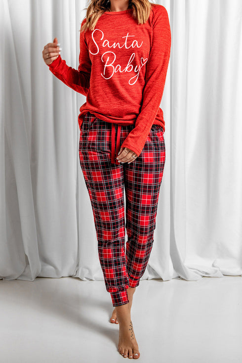 Red Santa Baby Plaid Print Two Piece Pajama Set