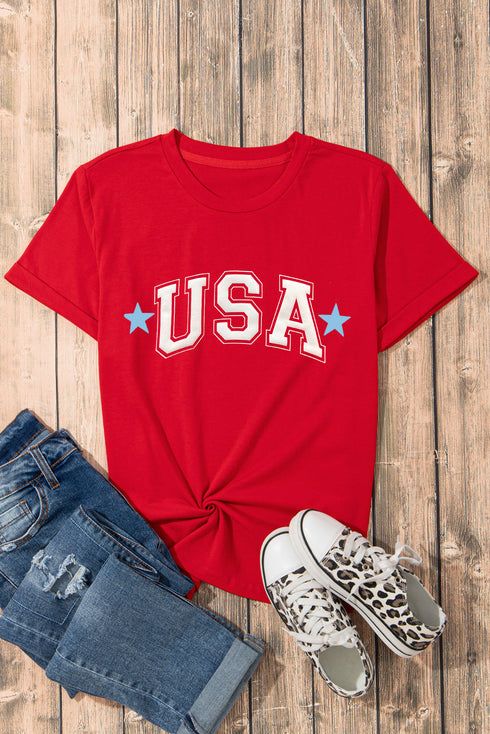 Red Star USA Print Crewneck Patriotic T Shirt