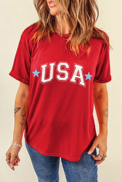 Red Star USA Print Crewneck Patriotic T Shirt