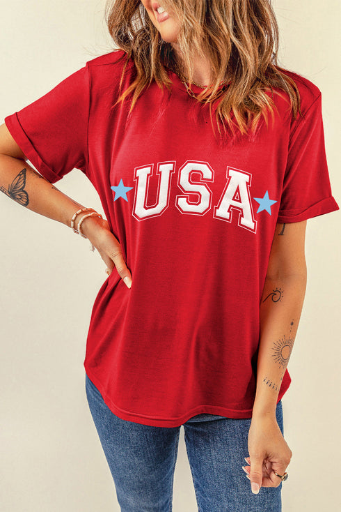 Red Star USA Print Crewneck Patriotic T Shirt