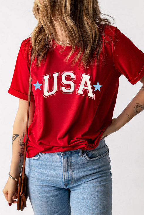 Red Star USA Print Crewneck Patriotic T Shirt