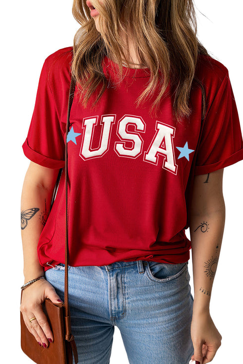Red Star USA Print Crewneck Patriotic T Shirt