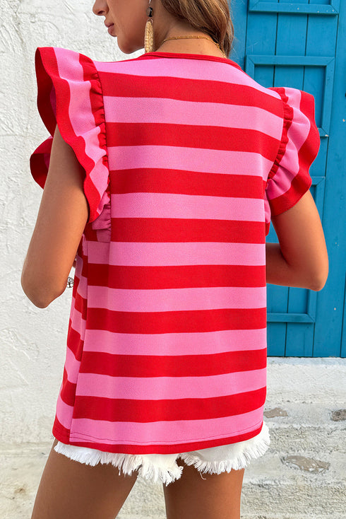Red Stripe Flutter Sleeve Round Neck T Shirt