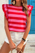 Red Stripe Flutter Sleeve Round Neck T Shirt