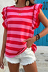 Red Stripe Flutter Sleeve Round Neck T Shirt