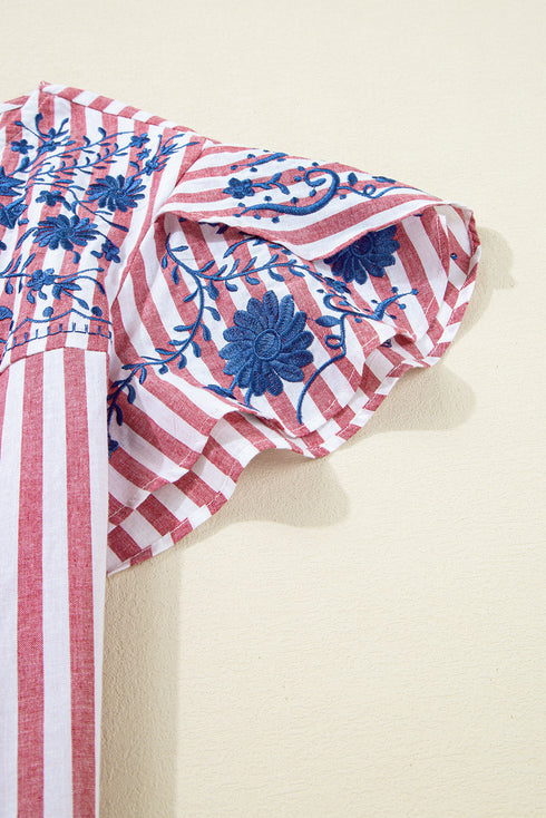 Red Stripe Plus Size Floral Embroidered Petal Sleeve Blouse