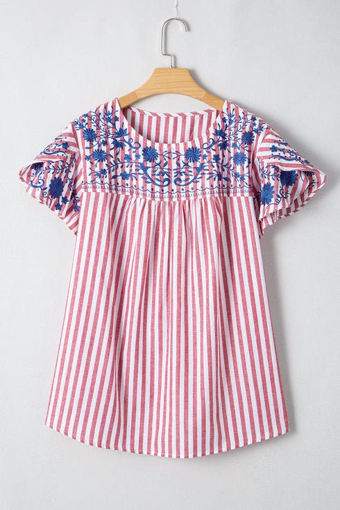 Red Stripe Plus Size Floral Embroidered Petal Sleeve Blouse