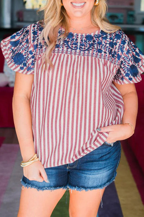 Red Stripe Plus Size Floral Embroidered Petal Sleeve Blouse