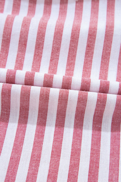 Red Stripe Plus Size Floral Embroidered Petal Sleeve Blouse