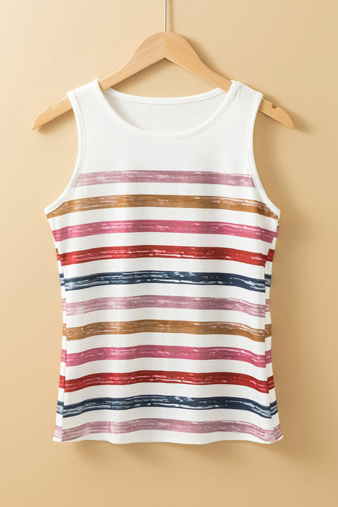 Red Stripe Rainbow Round Neck Tank Top