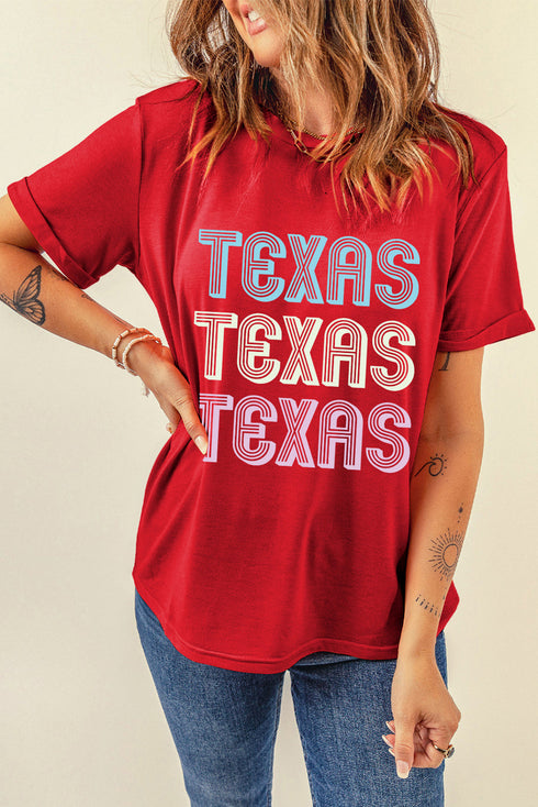 Red TEXAS Letter Graphic Casual T Shirt