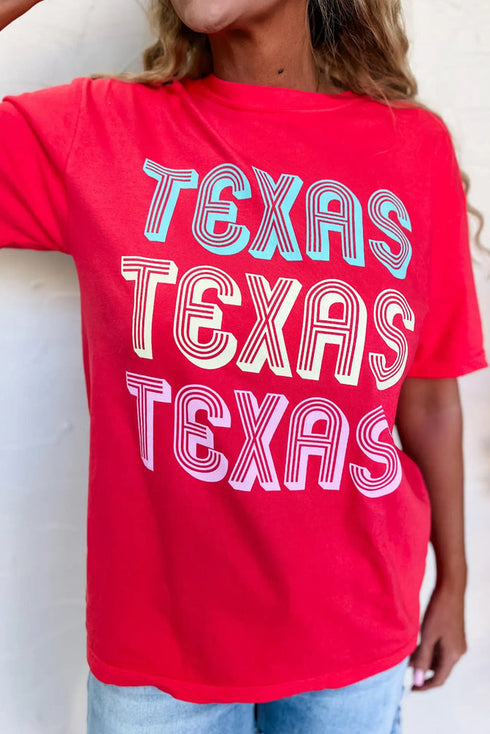 Red TEXAS Letter Graphic Casual T Shirt