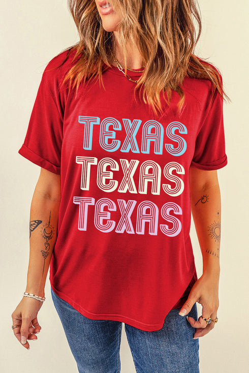 Red TEXAS Letter Graphic Casual T Shirt