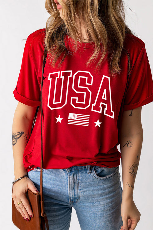 Red USA American Flag Print Crewneck T Shirt