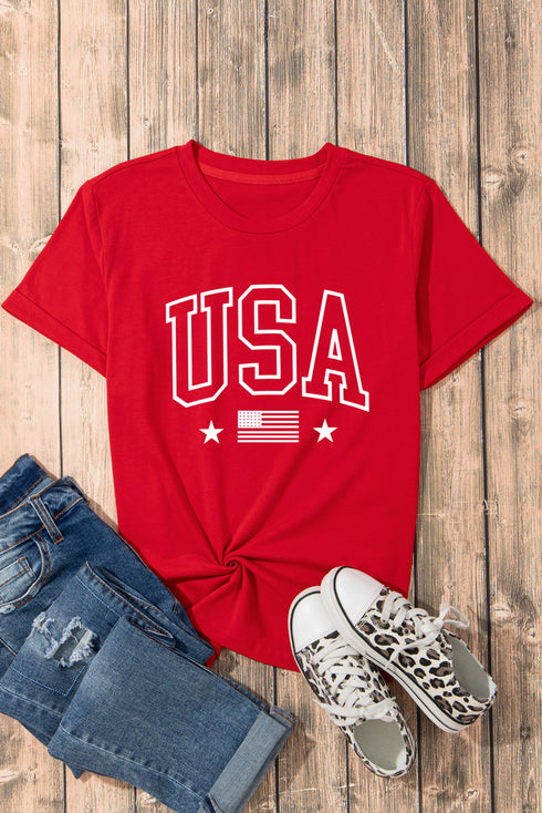Red USA American Flag Print Crewneck T Shirt