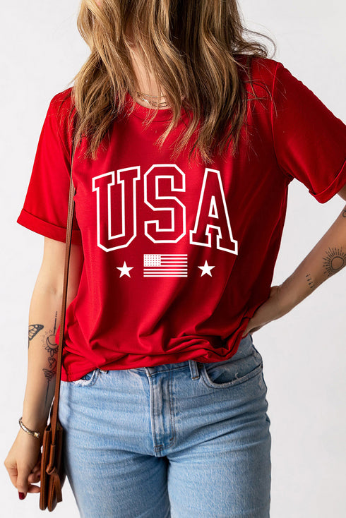 Red USA American Flag Print Crewneck T Shirt