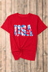 Red USA Flower Print Round Neck T Shirt