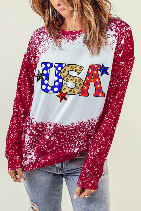 Red USA Tie Dye Graphic Print Long Sleeve T Shirt