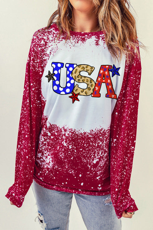 Red USA Tie Dye Graphic Print Long Sleeve T Shirt