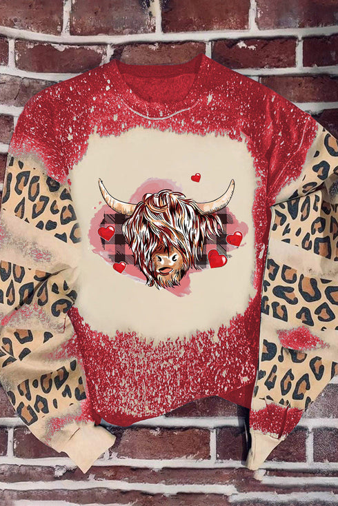 Red Valentines Heifer Graphic Print Leopard Bleached Sweatshirt