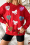 Red Valentines Sequin Bow Heart Patched Pattern Pullover Sweatshirt