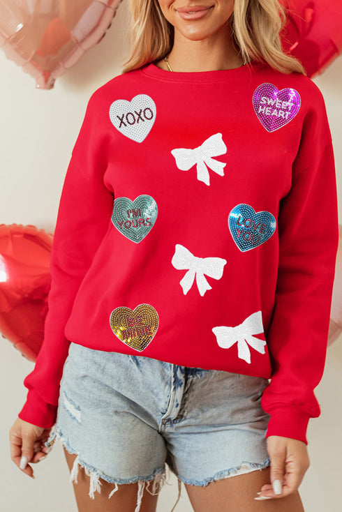 Red Valentines Sequin Bow Heart Patched Pattern Pullover Sweatshirt