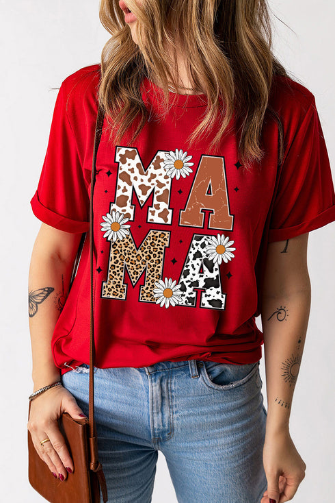 Red Western Animal Spots MAMA Letter Daisy Flower Printed Tee