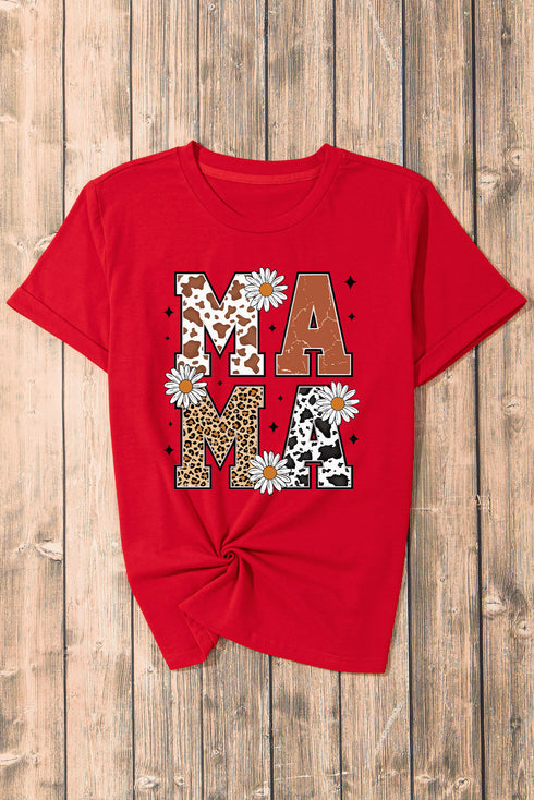 Red Western Animal Spots MAMA Letter Daisy Flower Printed Tee
