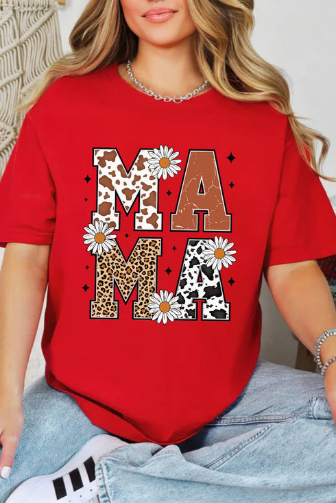 Red Western Animal Spots MAMA Letter Daisy Flower Printed Tee