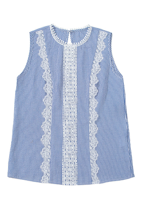 Refined Stripe Lace Panel Sleeveless Crew Neck Blouse Top