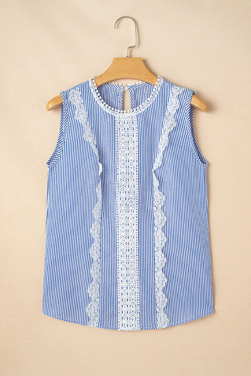 Refined Stripe Lace Panel Sleeveless Crew Neck Blouse Top